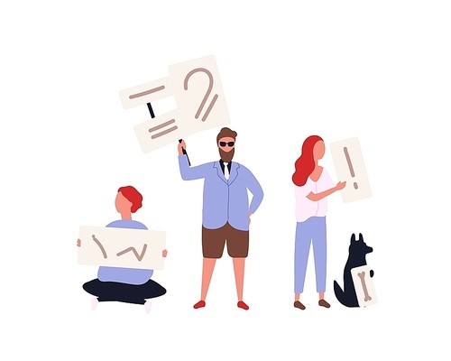 Group of animal rights activists holding banners and placards. Men, women and dog taking part in picketing, parade, rally, demonstration. Protesting people. Flat cartoon colorful vector illustration