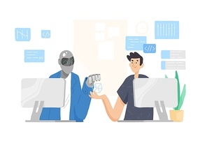 Robot and man sitting at computers and working together at office. Cooperation, support and friendship between guy and android. Human and artificial intelligence. Modern flat vector illustration