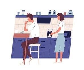 Man sits at table in office kitchen and eats lunch while his colleague uses coffee machine. Daily routine, everyday life of young professional or clerk. Flat cartoon vector illustration