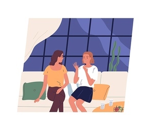 Pair of happy young girls sitting on couch and talking. Two female friends chatting at cafe. Women spending time together. Daily friendly conversation. Flat cartoon colorful vector illustration