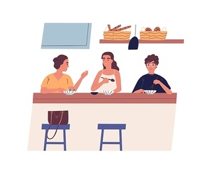 Morning friendly meeting at cafe. Group of young happy friends eating breakfast or lunch together and talking. Cute young men and women having brunch. Vector illustration in flat cartoon style