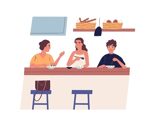 Morning friendly meeting at cafe. Group of young happy friends eating breakfast or lunch together and talking. Cute young men and women having brunch. Vector illustration in flat cartoon style