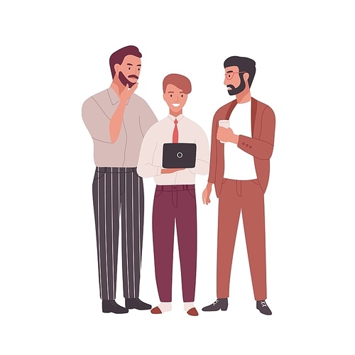 Group of men dressed in business clothes or office workers talking, working on laptop and drinking coffee. Professional conversation among colleagues, brainstorm. Flat cartoon vector illustration