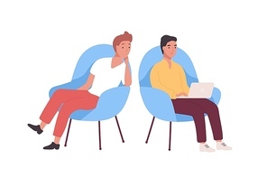 Pair of smiling employees, businessmen or office workers sitting in armchairs and working on laptop computer. Business meeting of two colleagues or clerks. Flat cartoon colorful vector illustration