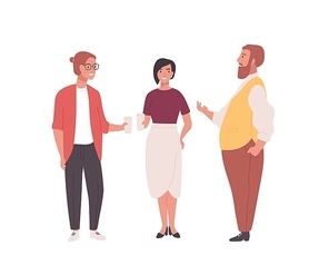 Group of employees, clerks or office workers. Funny men and women standing together and talking. Professional conversation among colleagues during coffee break. Flat cartoon vector illustration