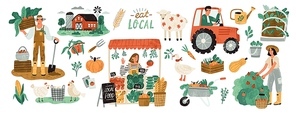 Local organic production set. Agricultural workers planting and gathering crops, working on tractor, farmer selling fruits and vegetables, farm animals, farmhouse. Flat cartoon vector illustration