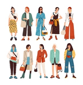 Collection of stylish young women dressed in trendy clothes. Set of fashionable casual and formal outfits. Bundle of cute girl hipsters or trendsetters. Flat cartoon colorful vector illustration