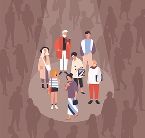 Men and women spotlighted or illuminated by beam of light against crowd of people on background. Concept of focus group, target audience, demography research. Flat cartoon vector illustration