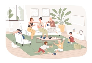 Group of women sit in cozy room, drink tea and talk to each other while their children play. Young moms spending time together at home. Friendly meeting. Flat cartoon colorful vector illustration