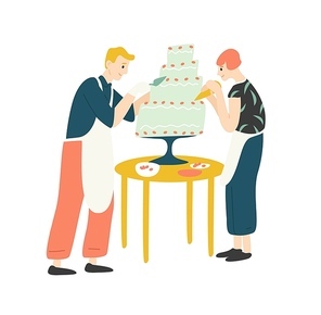 Smiling man and woman decorating cake. Happy boy and girl baking, cooking or making dessert, confection or pastry. Cute couple enjoying their hobby together. Flat cartoon colorful vector illustration