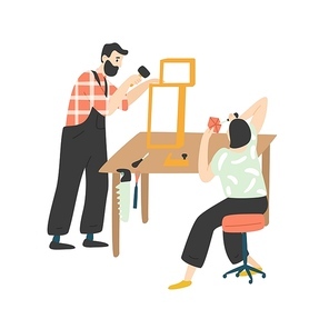 Adorable happy romantic couple creating or repairing furniture. Cute funny man and woman enjoying their hobby together. Pair of people woodworking. Flat cartoon colorful vector illustration