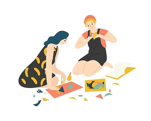 Funny adorable young boy and girl sitting on floor, cutting colorful paper with scissors and making collage. Cute man and woman enjoying their hobby together at home. Flat cartoon vector illustration