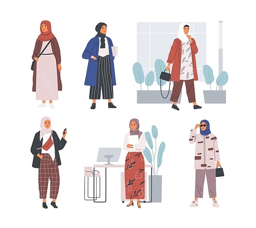 Bundle of modern young Muslim women wearing trendy clothes and hijab. Set of fashionable Arab girls. Collection of female characters isolated on white . Flat cartoon vector illustration