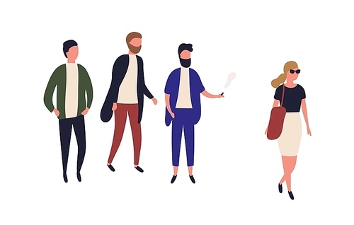 Beautiful woman passing by group of young men. Street harassment, catcalling and wolf-whistling. Offensive or abusive behavior, domination and assault. Flat cartoon colorful vector illustration
