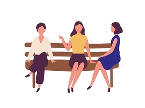 Group of cute young women sitting on bench at park and talking. Outdoor meeting of female friends. Funny flat cartoon characters isolated on white background. Modern colorful vector illustration