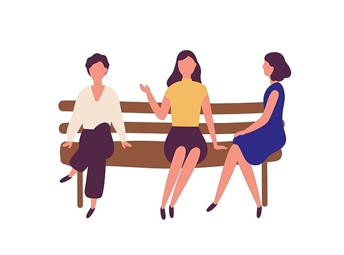 Group of cute young women sitting on bench at park and talking. Outdoor meeting of female friends. Funny flat cartoon characters isolated on white . Modern colorful vector illustration