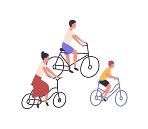 Happy family riding bicycles. Mom, dad and child on bikes isolated on white background. Parents and son cycling together. Sports and leisure outdoor activity. Flat cartoon vector illustration