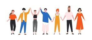 Happy funny young men and women holding hands. Cute smiling people standing in row together. Group of joyful friends. Union, community, association. Flat cartoon colorful vector illustration