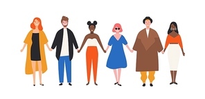 Cute happy young men and women holding hands. Funny smiling people standing in row together. Group of cheerful friends. Union, community, association. Flat cartoon colorful vector illustration