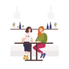 Cute young girls sitting on sofa at cafe, drinking coffee and talking. Two hppy female friends chatting. Funny smiling women spending time together. Flat cartoon colorful vector illustration