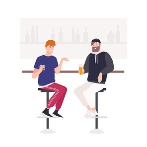 Pair of happy friends sitting on stools at bar counter and drinking beer or alcoholic beverages. Two cute funny smiling young men in pub. Friendly meeting. Flat cartoon colorful vector illustration
