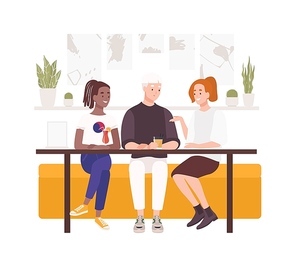 Group of friends sitting at cafe table, drinking cocktails and talking. Friendly meeting and conversation. Young men and women spending time together at bar. Flat cartoon colorful vector illustration