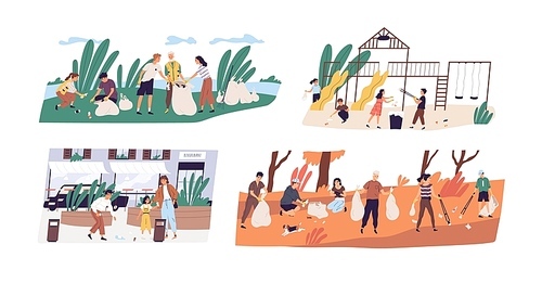 Collection of scenes with people or ecologists collecting garbage in forest, on street and playground. Altruistic activity, environmental protection. Flat cartoon colorful vector illustration