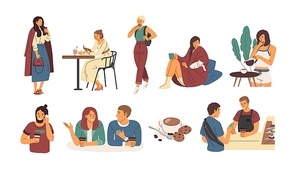 Collection of people with hot beverage isolated on white background. Set of cute men and women walking, sitting at cafe table or at home and drinking coffee. Flat cartoon colorful vector illustration