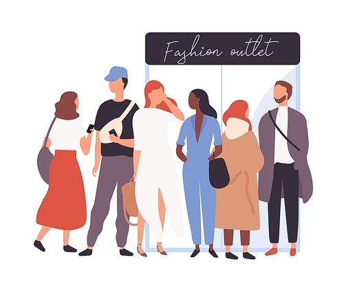 Girls and boys dressed in trendy clothes standing in line or queue near fashion boutique entrance doors. Stylish people waiting for store, shop or showroom opening. Flat cartoon vector illustration