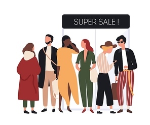 People dressed in fashionable clothes standing in line or queue near store entrance doors. Men and women in trendy apparel waiting for shop opening and sale start. Flat cartoon vector illustration