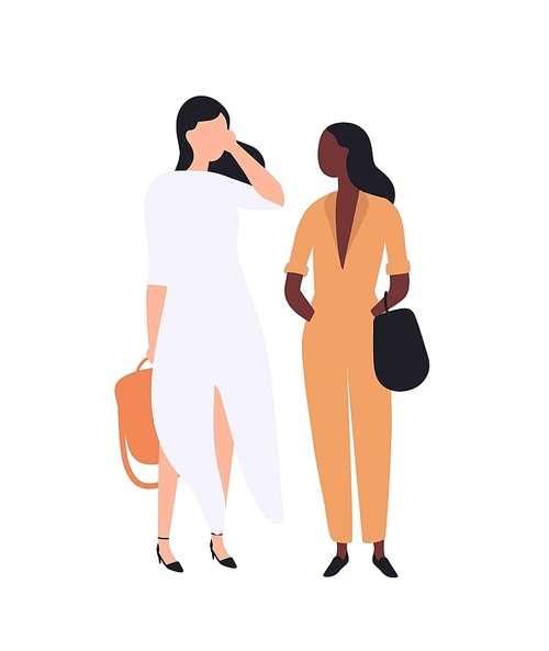 Pair of cute young stylish women standing and talking to each other. Funny girls in trendy apparel. Fashionable people or customers waiting in queue. Flat cartoon colorful vector illustration