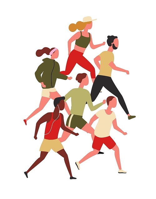 Cute men and women dressed in sportswear jogging or running. Male and female athletes taking part in sports competition or marathon race. Healthy activity. Flat cartoon colorful vector illustration