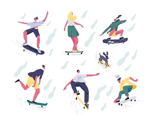 Bundle of teenage boys and girls or skateboarders riding skateboard. Young men, women and dog skateboarding. Male and female cartoon characters isolated on white . Flat vector illustration
