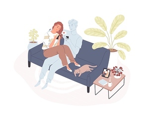 Young smiling woman sitting on comfy sofa with her virtual romantic partner, holding smartphone and sending love message. Concept of long-distance relationship. Flat cartoon vector illustration