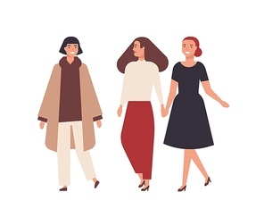 Group of pretty smiling women dressed in elegant clothes isolated on white background. Happy female friends walking together. Portrait of adorable stylish girls. Flat cartoon vector illustration