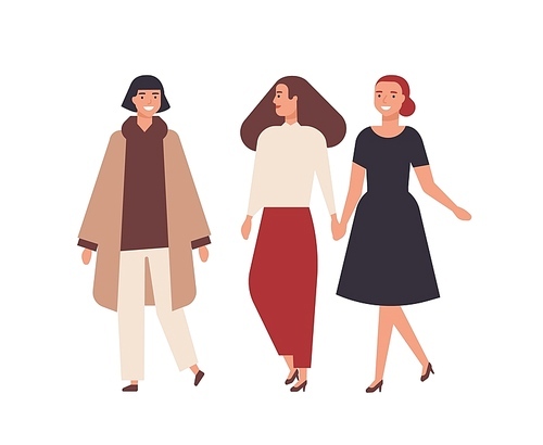 Group of pretty smiling women dressed in elegant clothes isolated on white . Happy female friends walking together. Portrait of adorable stylish girls. Flat cartoon vector illustration