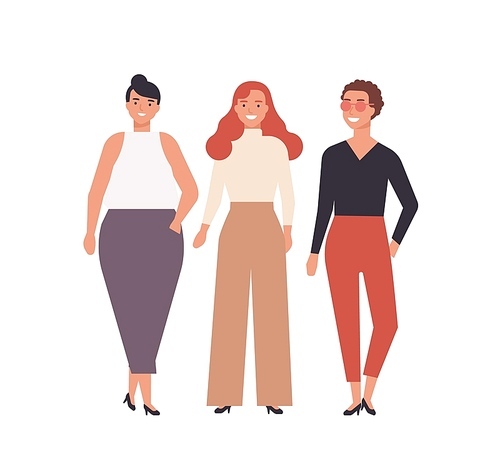 Group of cute young women dressed in stylish clothes isolated on white . Happy female friends. Portrait of pretty girls standing together. Flat cartoon colorful vector illustration