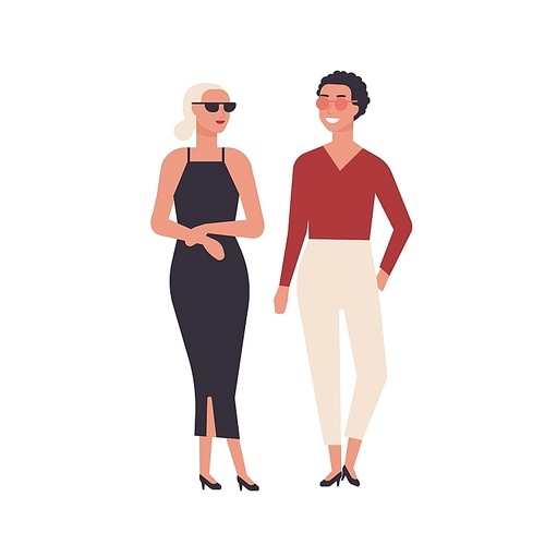 Pair of young smiling women dressed in elegant stylish clothes isolated on white . Adorable girls standing together. Joyful female characters. Flat cartoon colorful vector illustration