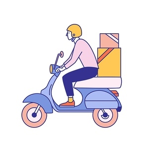 Guy in helmet riding scooter with carton boxes with products from grocery store, shop, supermarket or restaurant. Food delivery service worker or courier. Modern flat colorful vector illustration