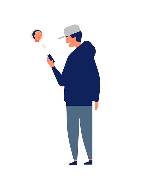 Young man or teenager wearing cap chatting online or texting on smartphone or mobile phone. Guy with gadget. Internet communication, instant messaging. Flat cartoon colorful vector illustration