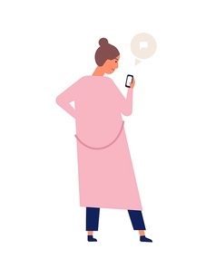 Cute young woman or teenager chatting or texting on smartphone or electronic gadget. Girl surfing internet on mobile phone. Online communication, instant messaging. Flat cartoon vector illustration