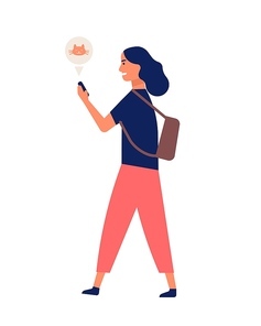 Funny young woman communicating via smartphone while walking. Happy girl surfing internet on mobile phone. Online or digital communication, social media addiction. Flat cartoon vector illustration
