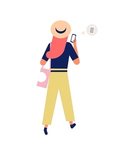 Cute funny girl in hat sending messages via smartphone while walking. Young woman using mobile phone for online communication. Person addicted to social networks. Flat cartoon vector illustration
