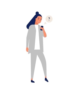 Funny smiling girl in suit sending messages via smartphone. Young happy woman using mobile phone. Online communication, social media addiction, instant messaging. Flat cartoon vector illustration