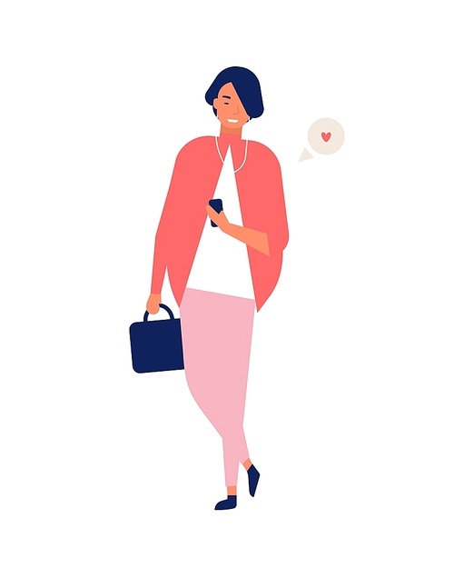 Elegant young lady sending messages on smartphone while walking. Smiling woman using online messenger on mobile phone. Internet communication through social network. Flat cartoon vector illustration