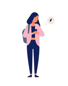 Teenage girl receiving notification on smartphone. Young happy woman texting or surfing internet on mobile phone. Social media addiction, instant messaging. Flat cartoon colorful vector illustration