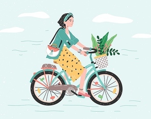 Happy girl dressed in trendy clothes riding city bicycle with flower bouquet in front basket. Adorable young hipster woman on bike. Cute pedaling female bicyclist. Flat cartoon vector illustration