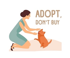 Smiling woman, adorable playful dog and Adopt Don't Buy slogan. Adoption of stray and homeless animals from shelter, pound, rehabilitation or pet retention center. Flat cartoon vector illustration