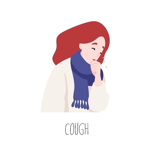 Adorable female character coughing. Symptom of influenza, health problem, viral infectious disease. Sick or ill young woman isolated on white . Flat cartoon colorful vector illustration