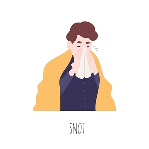 Funny boy blowing his nose or sneezing. Cute young man suffering from fever, rhinitis or coryza. Symptom of common cold, health problem, infectious disease. Flat cartoon colorful vector illustration
